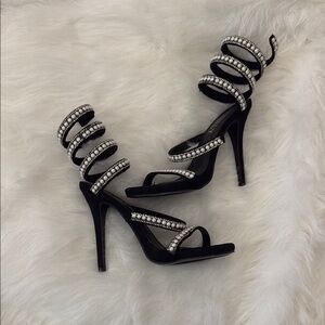 Elegant Black Strappy Heels with Rhinestone Accents
